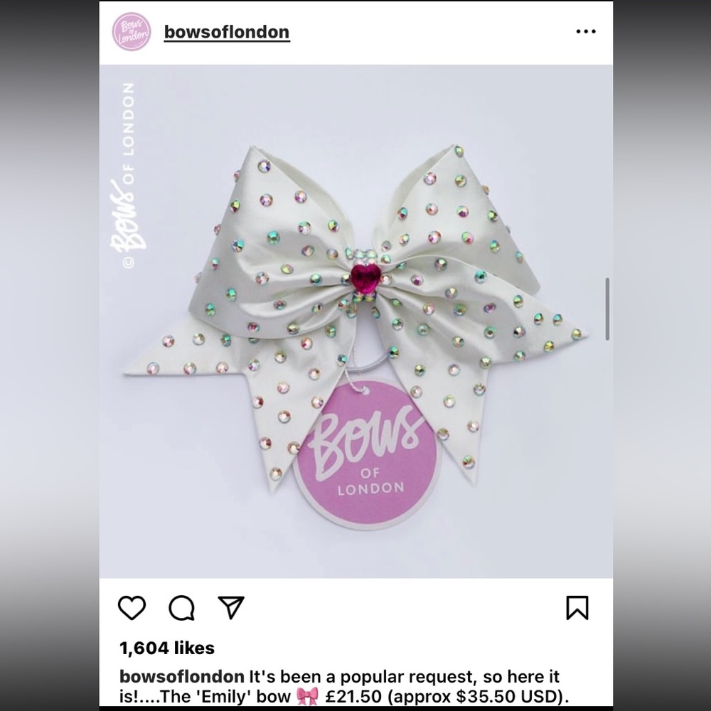 “Emily” Bows of London Cheer Bow white satin with rhinestones